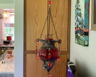 #155	Silver and red glass hanging candle holder 	 $25.00 