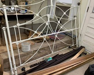 #203	white iron king bed frame with rails and wood slats	 $200.00 