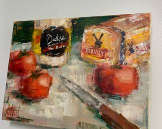 #168	canvas signed of tomato with knife signed 12x9	 $45.00 