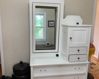 #13	White Wood Dresser w/4 drawers & 1 Door and Mirror - 45Wx17Dx60T	 $125.00 
