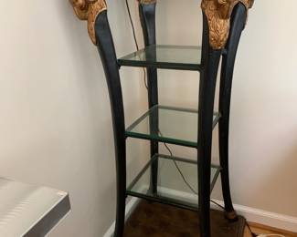 #19	tall 3 shelf end table with gold  goat head corners and marble top 20x20x50	 $175.00 