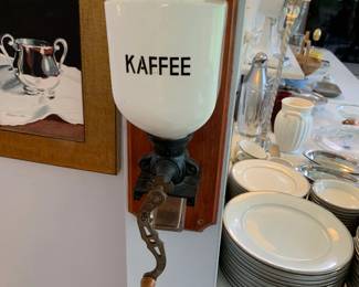 #55	Vintage Caffee Porcelain Wall Mount - German Wood Crank and Glass Cup - Garavtiert-ge-Schmiede - Maniwedd	 $60.00 