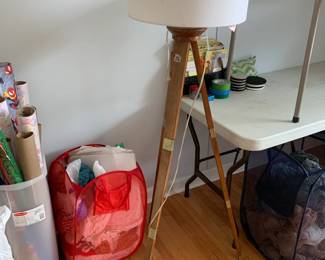 #56	Tripod Wood Style Lamp w/Brass Accents and Shade - 60" Tall	 $75.00 