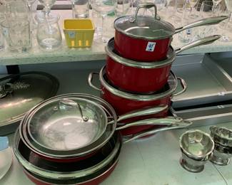 #171	11 piece kitchen aid pots and pans red 	 $40.00 