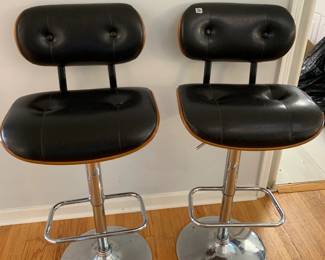 #36	Set of 2 Wood/Pleather Black Mid-Century Adustable Bar Stools  w/chrome Base and Swivels - 	 $150.00 
