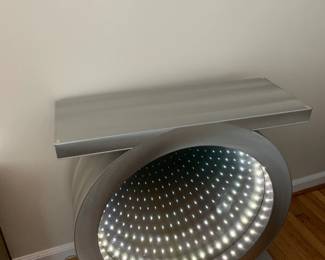 #26	Silver Metal Covered Wood End Table w/Mirror Back and lights inside w/Glass Front - 29x11x30	 $75.00 