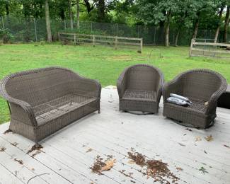 #145	3 piece plastic wicker set love seat and 2 swivel rocker chairs with 3 cushions 1 as is chair seat	 $75.00 