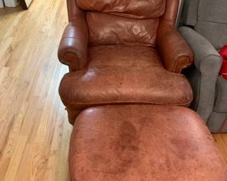 #94	Leathercraft Brown Leather Chair w/ottoman and nailhead trim - really worn - as is 	 $150.00 