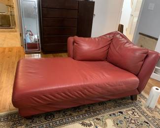 #137	Red leather Chaise Lounge w/Wooden Legs (has small scratches on back) - attached back cushions - 67x37	 $275.00 
