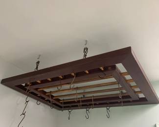 #170	pot holder that hangs from ceiling with hooks with copper rods and wood 34x28	 $75.00 