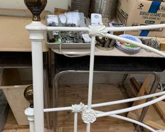 #203	white iron king bed frame with rails and wood slats	 $200.00 