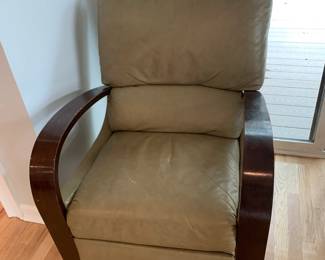#62	Olive Green Leather Recliner w/wood Arms non-continuous seat - as is paint on seat	 $120.00 