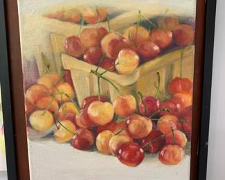 #167	canvas on wood acrlic painting signed of cherry in basket 14x17	 $75.00 
