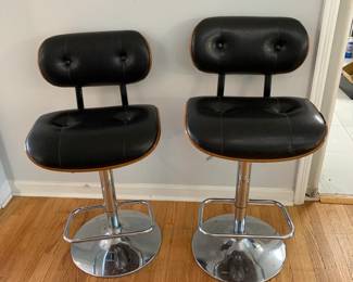 #36	Set of 2 Wood/Pleather Black Mid-Century Adustable Bar Stools  w/chrome Base and Swivels - 	 $150.00 