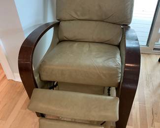 #62	Olive Green Leather Recliner w/wood Arms non-continuous seat - as is paint on seat	 $120.00 