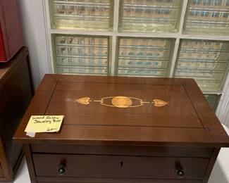 #131	Wood inlay Jewelry Box w/1 drawer and lift-up top - 18x11x8	 $60.00 
