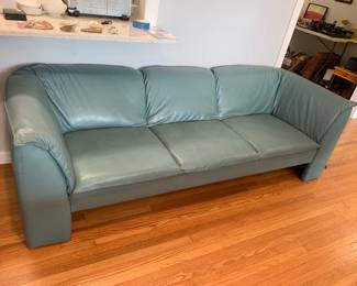 #58	Stressless Brand Teal Leather Sofa w/attached back  and seat cushions - 89" Long	 $600.00 