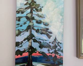#152	orginal by Lucy oil painting of a green tree and snow 10x20	 $120.00 