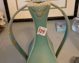 #124	Double Handled Ceramic Vase signed by Artist in Sea green	 $80.00 