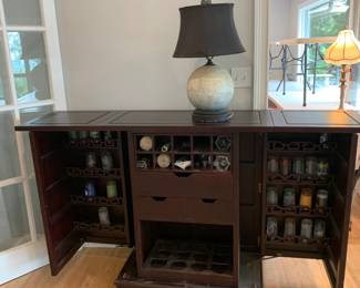 #1	heavy wood 2 door flip top bar with shelves and design on both sides 36-72x18x42	 $275.00 