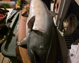                 This item is a salmon fish mount, likely a Chinook or King salmon.It is mounted on a natural wood plank for wall display.