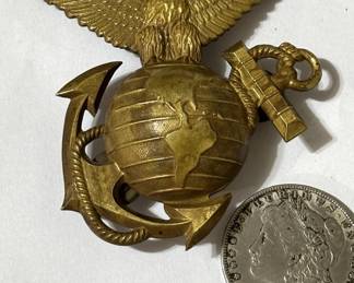 Antique c. 1898 Spanish American War U.S. Marine Corps Enlisted Man's Brass Shako Helmet Plate