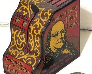 Vintage 1931 Louis Marx & Co. Benjamin Franklin Tin Litho Thrift Bank