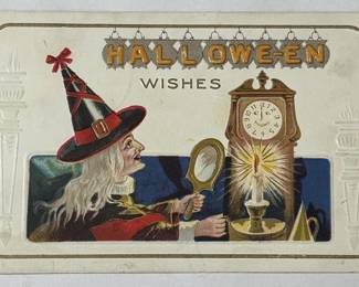 Antique c.1910 Witch Holding A Mirror & Candle w/ Clock "Halloween Wishes" Embossed Postcard