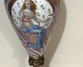 Antique c. 1900 Art Nouveau French Sevres Painted Porcelain Gilt Bronze Luster Urn Vase w/ Maiden Holding Sheet Music
