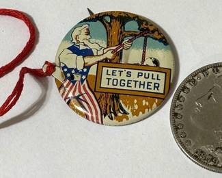 RARE Vintage 1942 "Let's Pull Together" Uncle Sam Hanging Mechanical Tin Litho Pinback WORKS