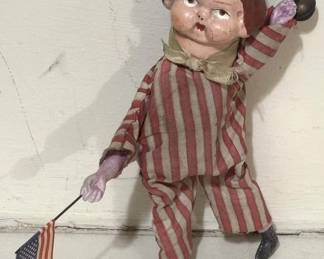 RARE Antique German Paper Mache Patriotic Squeeze Doll w/ Ringing Bell WORKS