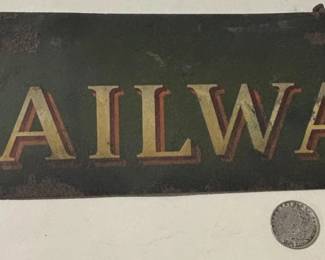 Antique c. 1920 Train Station Depot "RAILWAY" Express Hanging Painted Metal Sign