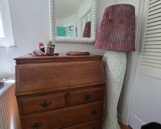 Secretary & pottery lamp, wicker mirror