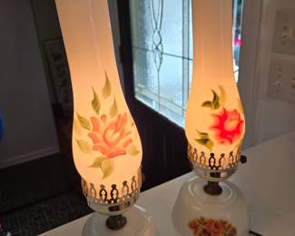 White floral painted hurricane lamps