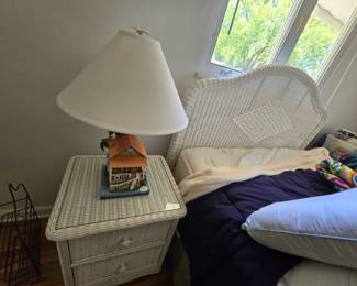 Wicker headboard & night stand, cottage lamp