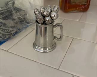 Fine English Pewter Cocktail Stirrers in Pewter Tankard Holder