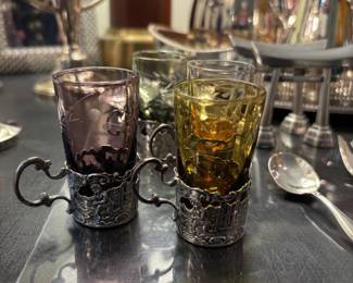 Antique SilverPlated Shot Glasses with Colored Glass Inserts and Russian Motifs