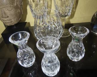 Waterford crystal wine glasses, brandy and three bud vases.
