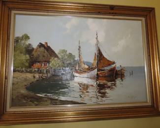 Oil on canvass Erich Paulsen "Boats in the Harbor"