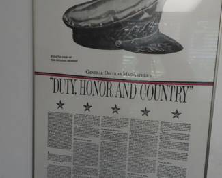Framed "Duty Honor and Country" print.