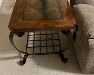 Wood, stone, and burnished metal end tables (1 of 2)