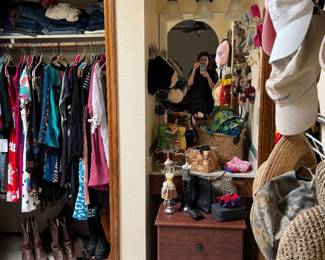Scarves, swimsuits, cowboy boots, dresses, shirts, pants, sandals, you name it she has it, straw hats, baseball caps, gloves