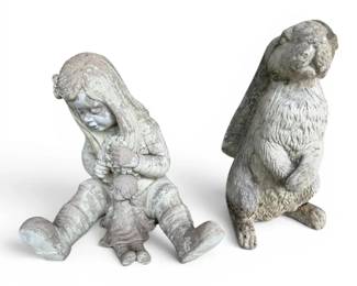 Stone Garden Statues  Girl w Doll  Standing Rabbit