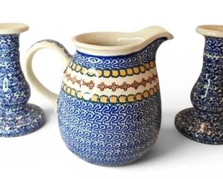 Handmade Polish Pottery Pitcher  Candleholders