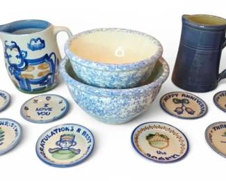 M.A. Hadley Pottery Cow Pitcher, Coasters,  Blue Stoneware Bowls