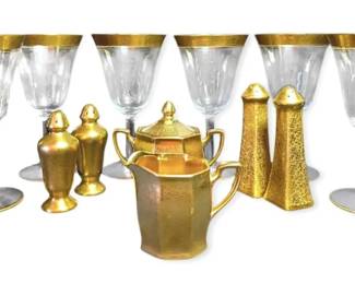 Pickard Gold Decorated Sugar  Creamer Set, Shakers,  Crystal Wine Glasses