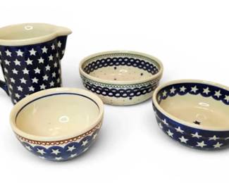 Bolesawiec Handmade Polish Pottery Star Pattern Pitcher  Bowls