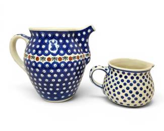 Handmade Polish Pottery Blue Dot Pitchers