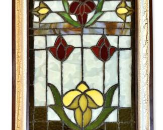 Art Nouveau Floral Stained Glass Window Panel w Wooden Frame