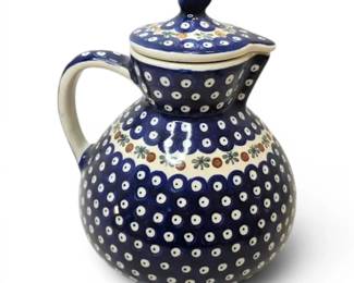 Handmade Polish Pottery Blue Dot Lidded Pitcher